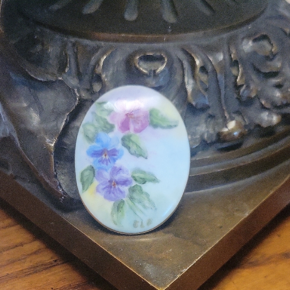 Vintage Floral Gold Trimmed Porcelain Brooch Signed ELA